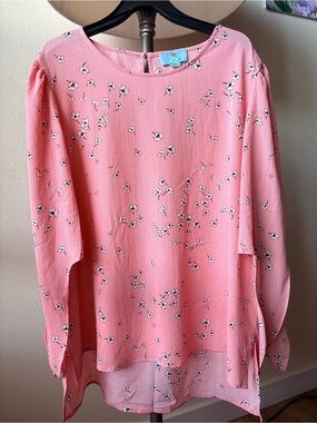 CeCe Pink Ditsy Floral Split Sleeve High-Low Blouse Top